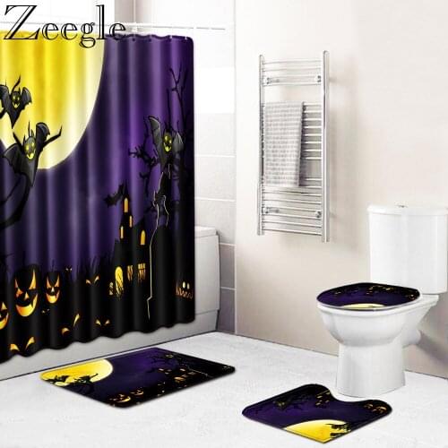 Zeegle Waterproof Shower Curtain Halloween Bath Curtain Absorbent Foot Mat Soft Toilet Cover Mat Washable Bathroom Rug Set