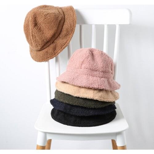 High Quality Solid Artificial Fur Warm Female Cap Faux Fur Winter Bucket Hat for Women Outdoor Sunscreen Sun Hat Panama Lady Cap