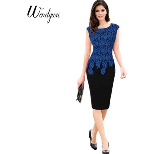 Wendywu Fashion Casual Blue Floral Embroidery Black Knee-Length Sleeveless Pencil Dress