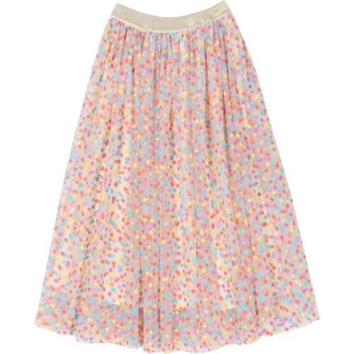 PERHAPS U Pink Polka Dot Sweet Fairy Skirt A Line Empire Elastic Waist Mesh Midi Skirt Elegant Casual Summer S0179