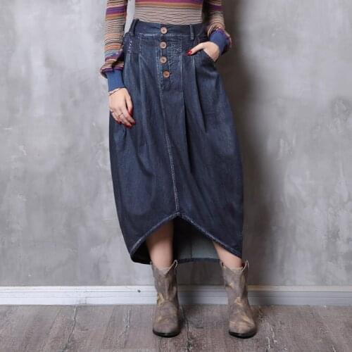 Johnature Autumn Fashion Retro Solid Color Pockets Button Irregular Denim Half Skirt 2021 New Leisure All-match Women Half Skirt