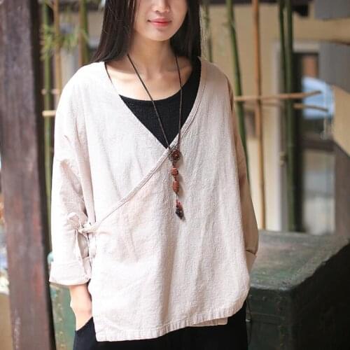 Johnature Women Belt Shirt Vintage Linen Blouses 2021 Spring New V-Neck Casual Full Sleeve Casual Top Chinese Style Women Shirts