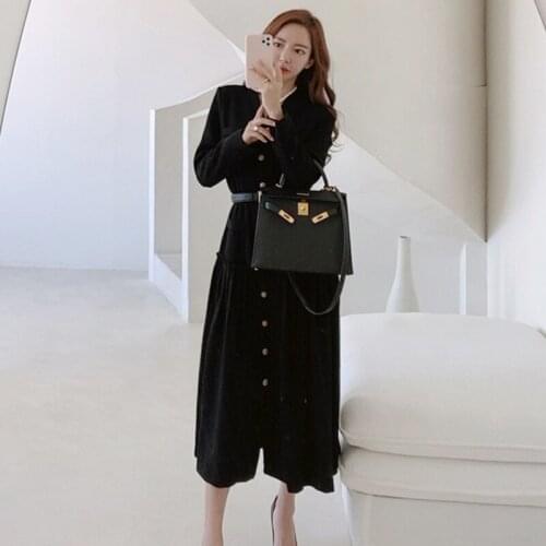 New arrival fashion korean spring long dress women OL professional temperament casual black v-neck single-breasted slim dress