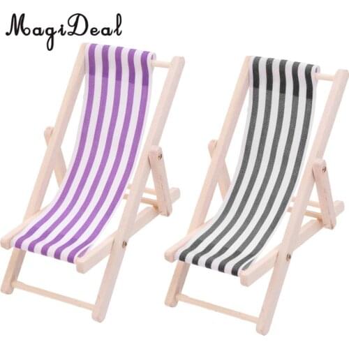 2pcs Striped Wooden Lounge Chair Beach Chaise Longue for 1/12 Dollhouse Miniature Furniture Decoration