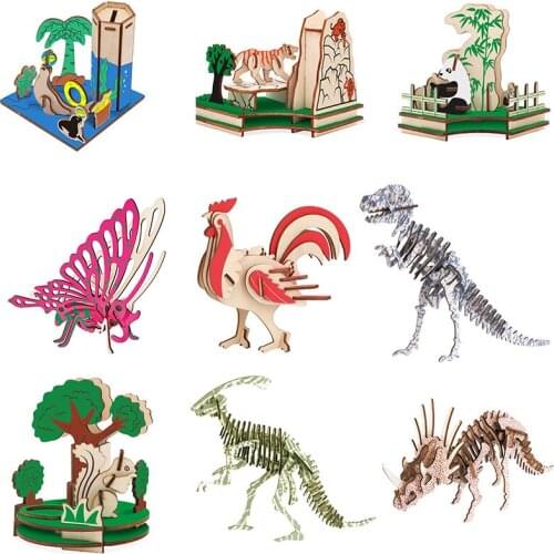 3D Wooden Puzzle Animal World Dinosaur Rooster Peacock Wood Puzzle Puzzle DIY Children Gift Adult Giftt