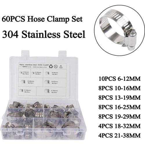 60Pcs Adjustable 6 to 38mm Diameter Clips Worm Gear Hose Clamp Assortment Kit for Various Pipes Automotive Mechanical Use