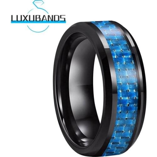8MM Tungsten Carbide Rings For Women Men Blue Carbon-Fiber Inlay Black Beveled Edges Polished Finished Comfort Fit