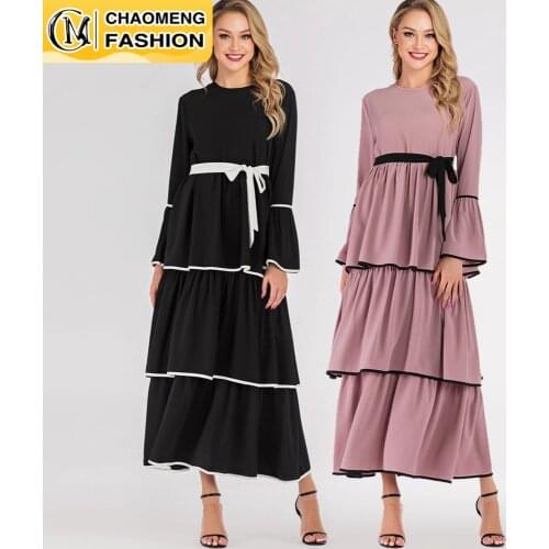 Middle East Fashion Vestido Musulman Mujer Oman Maxi Ropa Trumpet Sleeve Bubble Chiffon Swing Cake Casual Women Party Dress