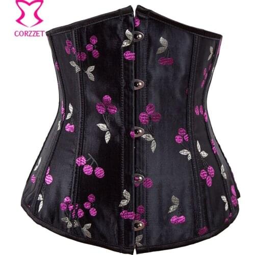 Black Satin Cherry Embroidery Underbust Sexy Corset Lingerie Women Waist Trainer Trainer Corsets Hot Taille Ausbildung Korsetts