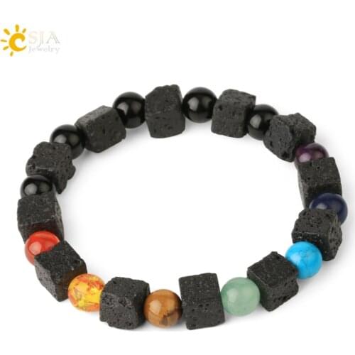 CSJA Square-shape Natural Lava Bracelets for Men Mixed Black Onyx 7 Chakra Beads 8mm Volcanic Stone Energy Bracelet Jewelry F698