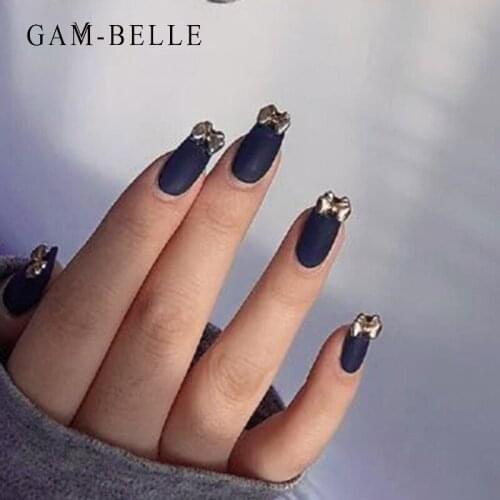 GAM-BELLE French Matte Navy Blue Artificial Nail Tips With 3D Bow Decor Full Cover False Press On Nails Manicure Nail Art Tools