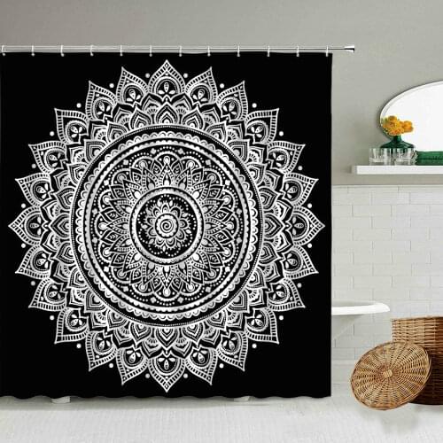 Indian Mandala Flower Pattern Printing Bathroom Waterproof Fabric Shower Curtain Black Background Ethnic Style Bathtub Screen