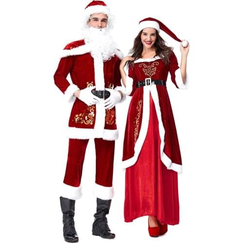 Adult Santa Claus Costume Suit Deluxe Plush Father Fancy Clothes Xmas Cosplay Props Women Men Santa Uniform Christmas Set