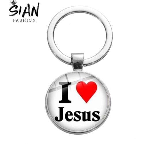 SIAN Letter "I Love Jesus" Creative Keychain Christian Religious Belief Glass Cabochon Key Chains Christmas Jewelry Accessories