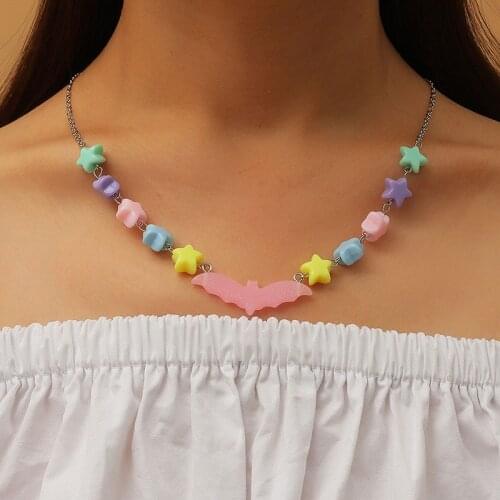 Fashion Resin Star Pentagram Bat Pendants Necklaces For Women Girls Simple Silver Color Link Chain Necklaces Statement Jewelry