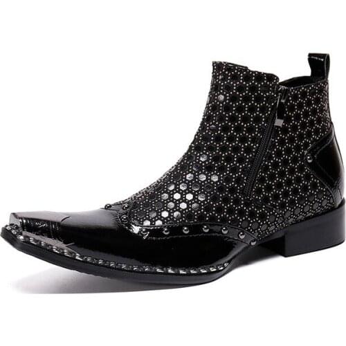 Western Cowboy Boots Men Pointed Metal Tip Fashion Men Boots Motocycle and Party Boots Botas Hombre, Big Sizes US6.5-10.5