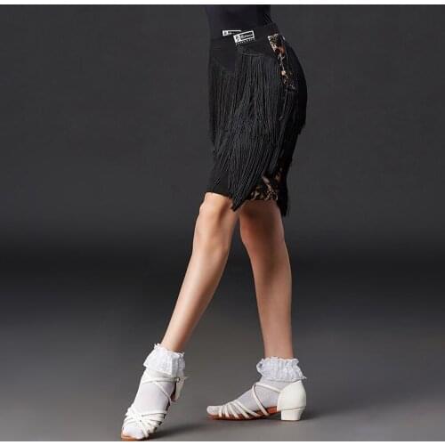 2020 New Latin Dance Skirts Black Leopard Print Tassel Skirts Salsa Dance Dress Cha Cha Rumba Samba Tango Dance Wear DQS4564