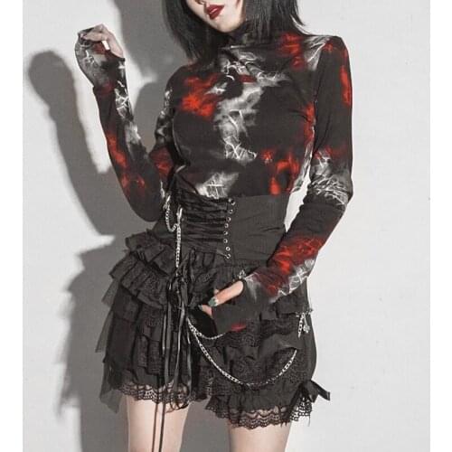 Ruibbit Autumn Winter Gothic Pullover Slim Long Sleeve Bottoming tShirt Black Red Printing T-shirt Punk Hot Girl Tops Tee