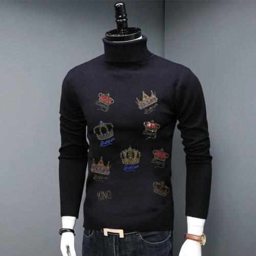 Autumn And Winter Mens Turtleneck Sweater Slim Fit Wool Rhinestone Hip-Hop Pullover Fashion Long-Sleeved Knitwear 4XL