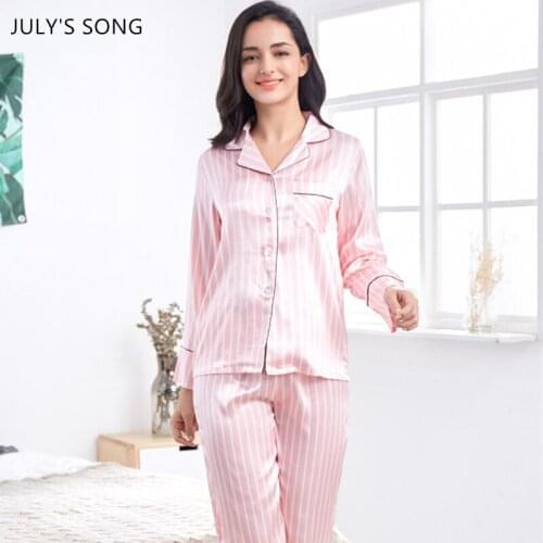 JULYS SONG Pink Striped Pajamas Set Woman Satin Spring Summer 2 Pieces Sleepwear Long Sleeve Short Sleeve Casual Suit