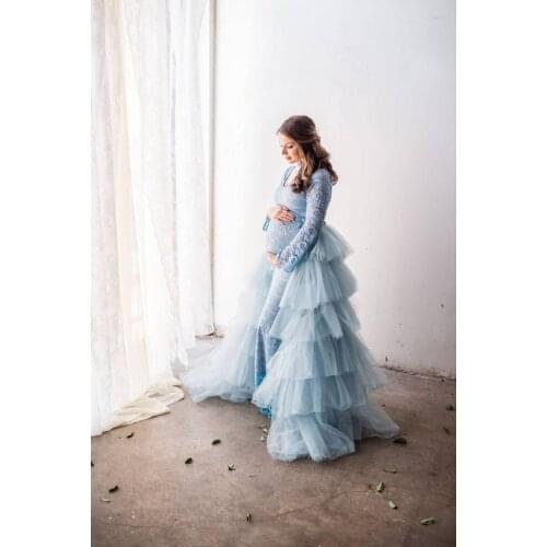 Blue Tulle Skirt for Photo Shoot Chic Tiered Tulle Overskirts High Quality Women Maxi Long Overskirt Maternity Custom Made