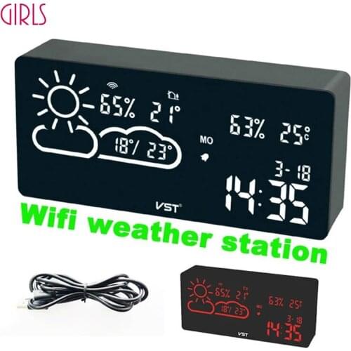 LED Alarm Clock Wifi World Time Weather Forecast Temperature And Humidity App Smart Wireless Connection Silent Snooze Electronic