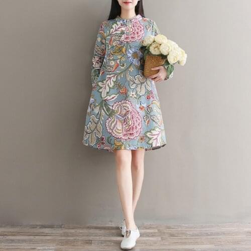 Chinese National Style Spring Autumn Mini Dress Gorgeous Printed Femininos Vestidos Oversized Cotton Linen Chic Dress For Women