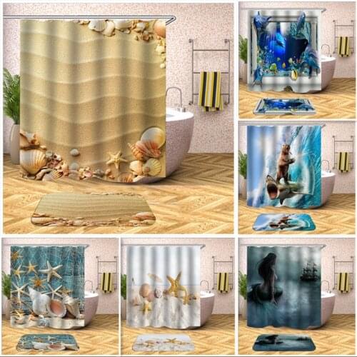 Multi Size Bathroom Waterproof Decorative Shower Curtains Polyester Seaside Beach Bear Surfing Bath Blackout Screen Window Tende