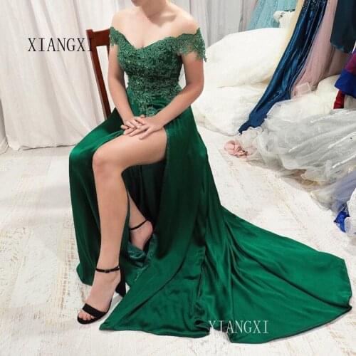Green Evening Dresses Long Satin Embroidery Lace Off The Shoulder Split Evening Dress Formal Gowns robe de soiree Vestidos