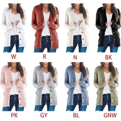 Women Autumn Long Sleeve V-Neck Cardigan Single-Breasted Buttons Sweater Solid Color Braided Cable Knit Outwear Coat with Pocket