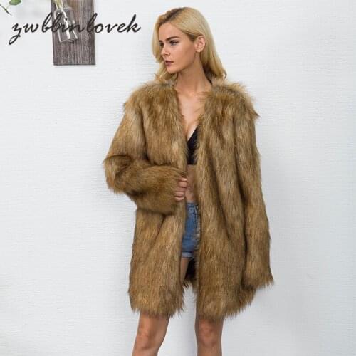 New Women Fur Coat Jacket Winter Thicken Warm Furry Shaggy Outerwear Long V-neck Collarless Hairy Parkas Oversize 2C0134