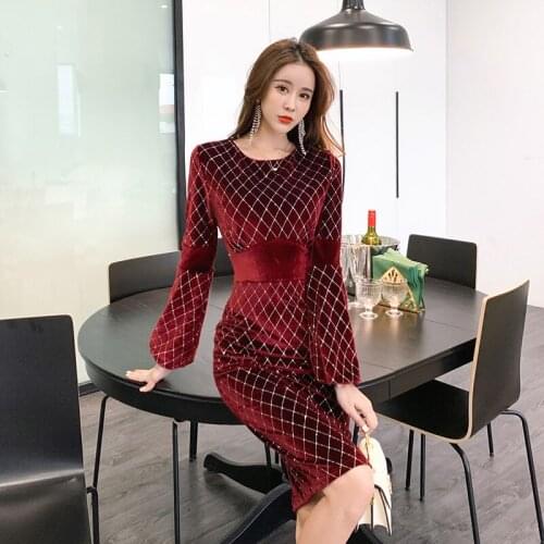2021Spring Sexy Party Bodycon Dresses Vintage Pencil High End Ladies Dress Vestido Women Long Sleeve O Neck Elegant Velvet Dress