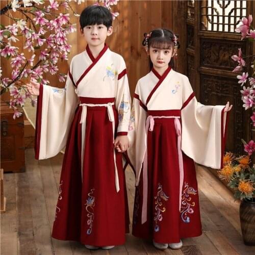 2021 Chinese Traditional Children Hanfu Dress Kids Embroider HanFu Boy-Girls Birthday Party Perform Cosplay Dresses