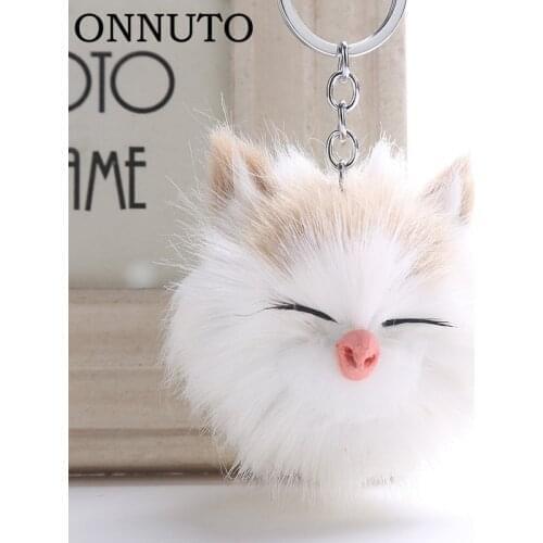 Cute Sleeping Smile Cat Pompom Keychain Keyring Top Quality Charm Fur Ball Pendants Car Key Chain Accessories Jewelry