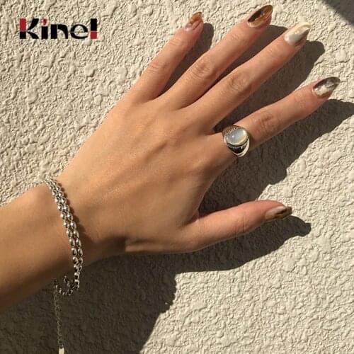 Kinel Bijoux 925 Sterling Silver Ring Fashion Personality Cold Wind Oval Ball Agate Opening Ring Woman Jewelry