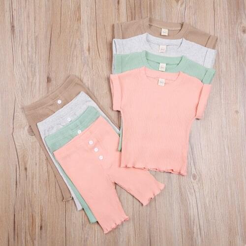 Little Boy Girls 2-piece Ribbed Set, Solid Color Short Sleeve Crew Neck Top, Button Long Trousers