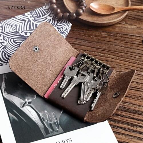 LEACOOL Leather Man Key Wallets Short Square Cowhide ID Card Holder Zipper Multi-function Car Key Chain Wallet Housekeepers
