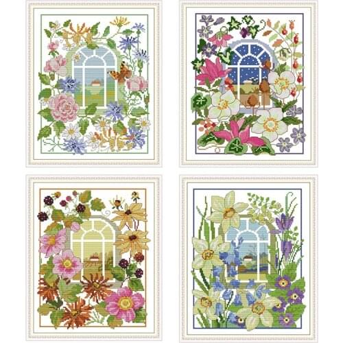 Four Seasons Scenery Painting Cross Stitch Kit 14CT Printed Canvas for Embroidery Kit 11CT DIY Needlework DMC Floss Cross Stitch