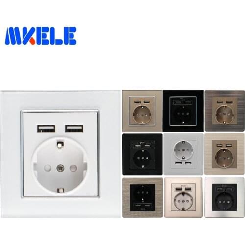EU Standard Wall Power Socket Grounded 16A Dual USB Charger Port For Mobile Adapter Plug 5V 2.1A PC Glass Aluminum Steel Panel