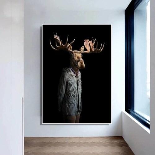 Reindeer and Flamingos Decorate The Family Room on The Walls of Human Clothes, Canvas Printing, Anthropomorphic Animal Art