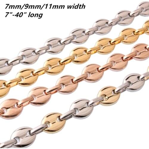 7/9/11mm Women Mens Necklace Stainless Steel Coffee Bean Chain Gold Rose Gold Color Chain Necklace Jwewlry Gift
