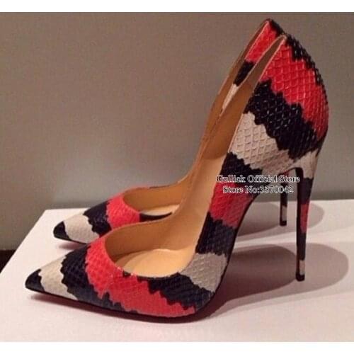 Sexy Red White Black Snakeskin High Heel Pumps Pointed Toe Stiletto Heels Patchwork Dress Shoes Celebrity 12cm Party Shoes