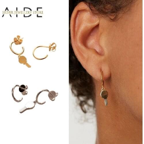 AIDE Asymmetric Key/Circle Stud Earrings for Women Geometric Glossy Pierced Earings Silver 925 Jewelry Party Gift kolczyki