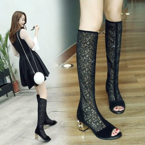 Korean new fish mouth sandals womens summer hollow mesh lace high heel thick heel breathable large 46