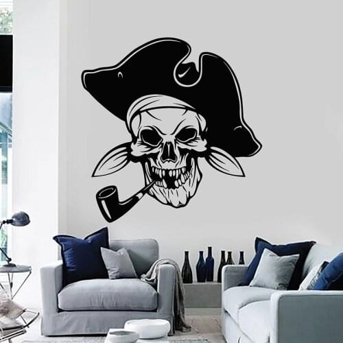 Funny Pirate Wall Decal Smoker Skull Skeleton Tube Hat Sea Style Vinyl Window Stickers Cool Boys Bedroom Man Cave Art Decor M017