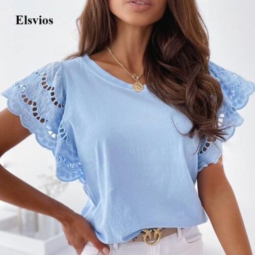 Summer Hollow Out Patchwork Embroidery Blouse Shirt Women Casual O-Neck Shirt Pullover Fashion Short Butterfly Sleeve Tops Blusa