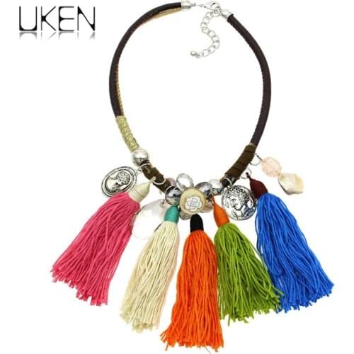 UKEN Women Statement Crystal Coin Chokers Necklaces Multicolor Tassel Fashion Knitting Boho Jewelry Collar Maxi Necklaces N4015