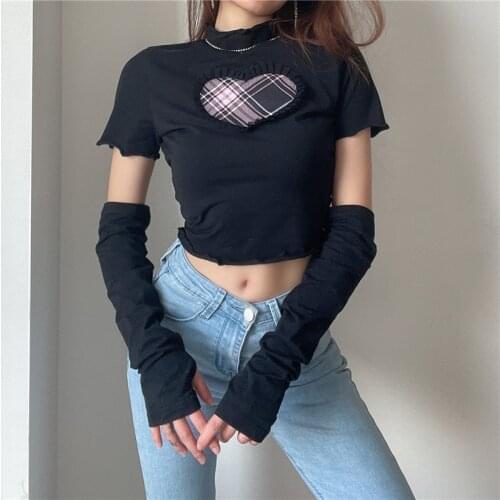 2021 Brand New Women Ladies Plaid Heart Printed Crop Top Summer Chic Short Sleeve Round Neck Slim T-Shirt with Oversleeve
