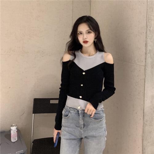 Woman Sweaters Pullover Color Matching Sweater FallWinter Slim Hollow Out Shoulder-Baring Top Femme Chandails