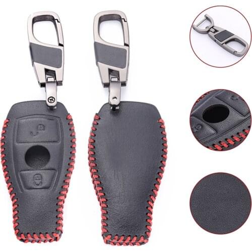 1pc 2 Buttons Car Key Case Keychain Keyring Black Leather Protector Shell Cover for Mercedes Benz A AMG Cla Class A180 A200 A260